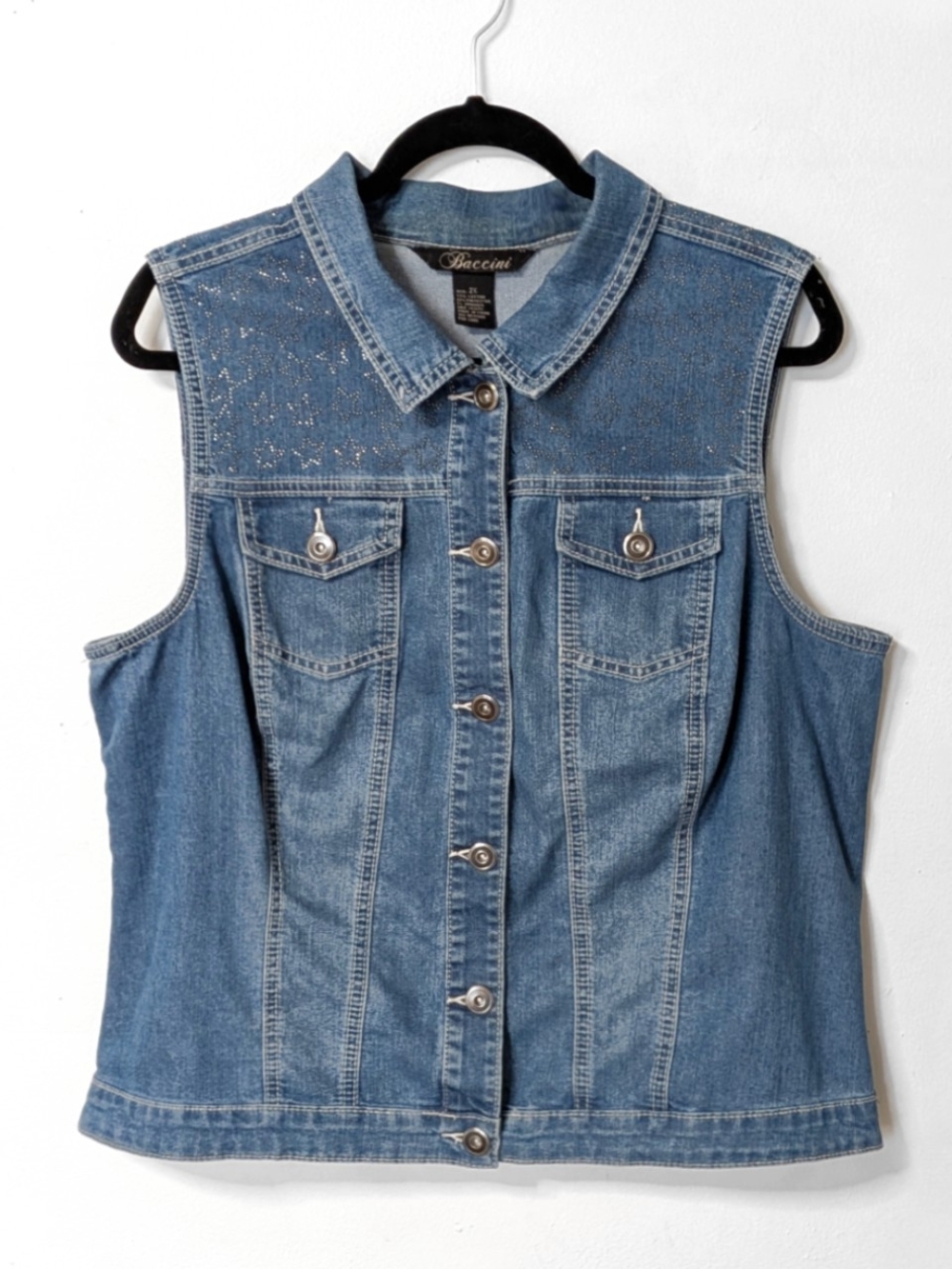 Vintage Baccini Blue Western Star Studded Button Up Denim Vest | Size 2XL